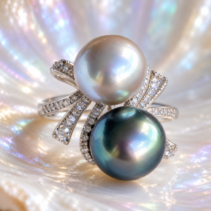 Australian White and Tahitian twin pearl ring product photography